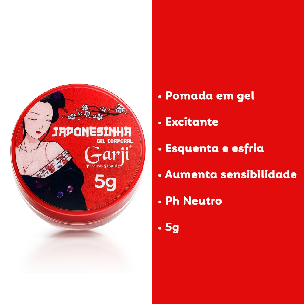 Pomada Excitante Esquenta Esfria Japonesinha 5g com descri��o de benef�cios como esquenta e esfria, aumenta sensibilidade e pH Neutro