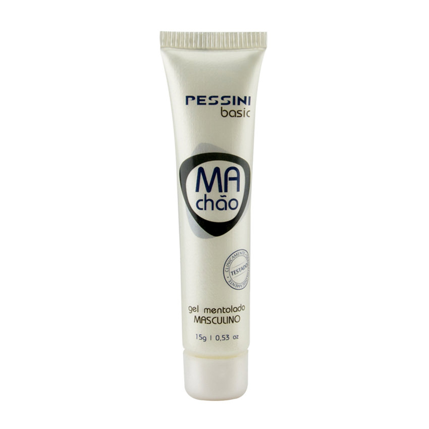 Gel Retardante Mach�o Mentolado 15g da marca Pessini Basic, tubo branco com detalhes em azul e preto
