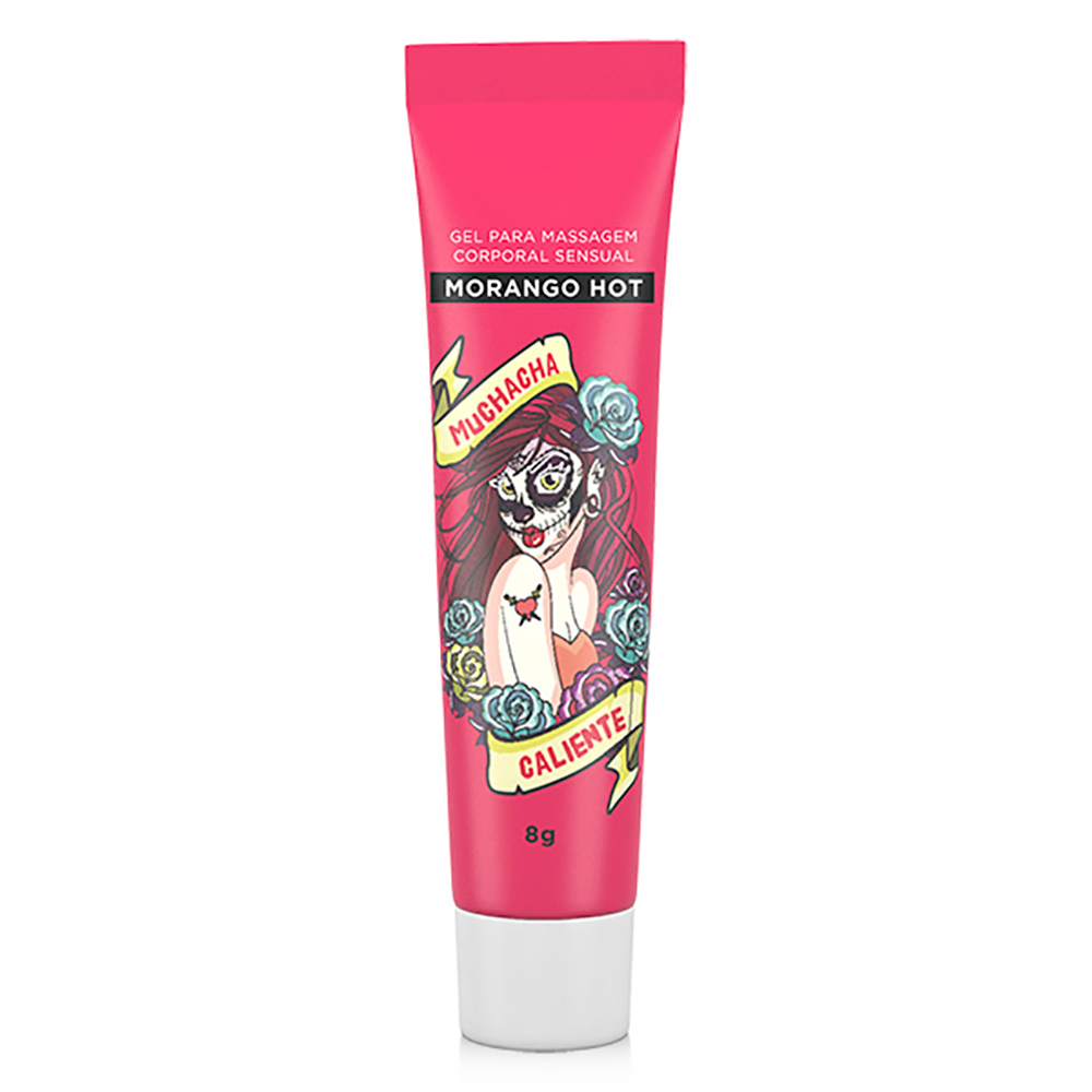 Excitante Unissex Beij�vel Hot Morango Muchacha 8g | Embalagem de bisnaga mostrando design com ilustra��o Muchacha e sabor morango