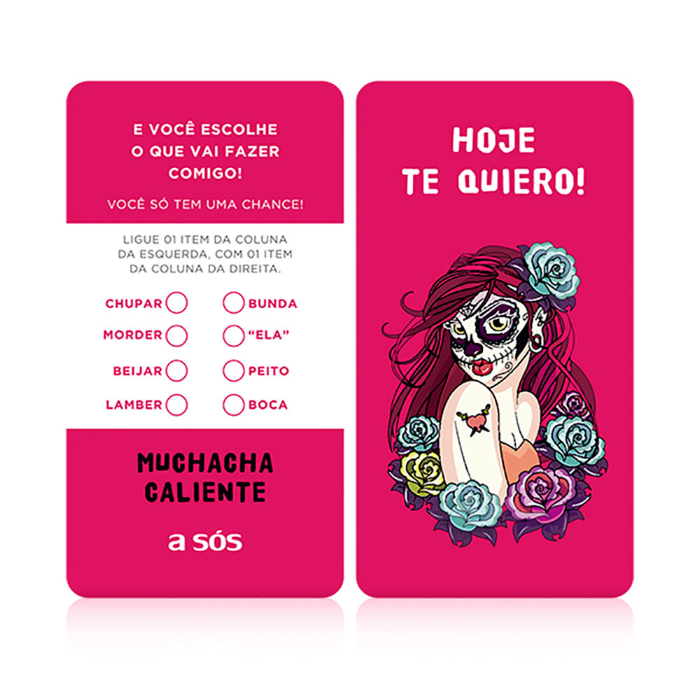 Excitante Unissex Beij�vel Hot Morango Muchacha 8g | Cart�o de instru��es com tem�tica Muchacha e ilustra��o da personagem