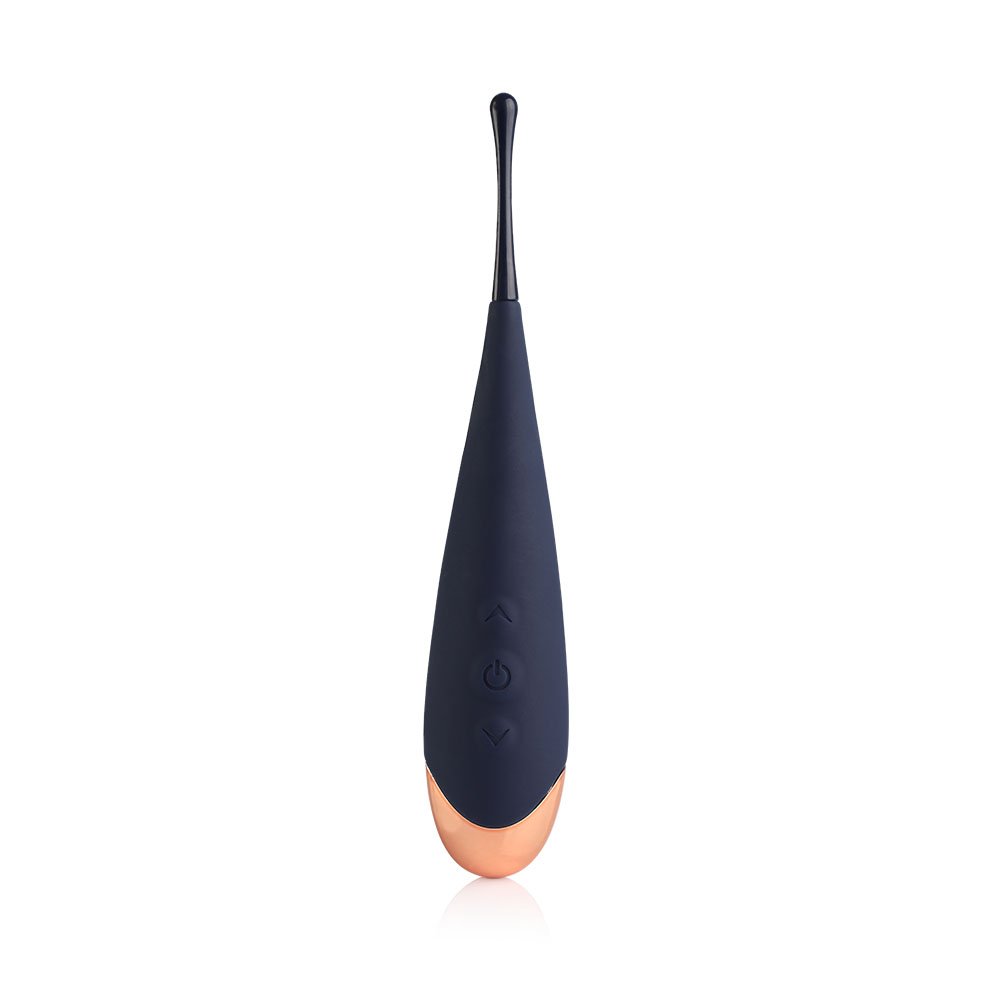 Vibrador Feminino Recarreg�vel em Silicone Ultrasonic com 7 Vibra��es Azul | Vista frontal do vibrador azul em silicone com base cobre, bot�es de controle e indicador luminoso.