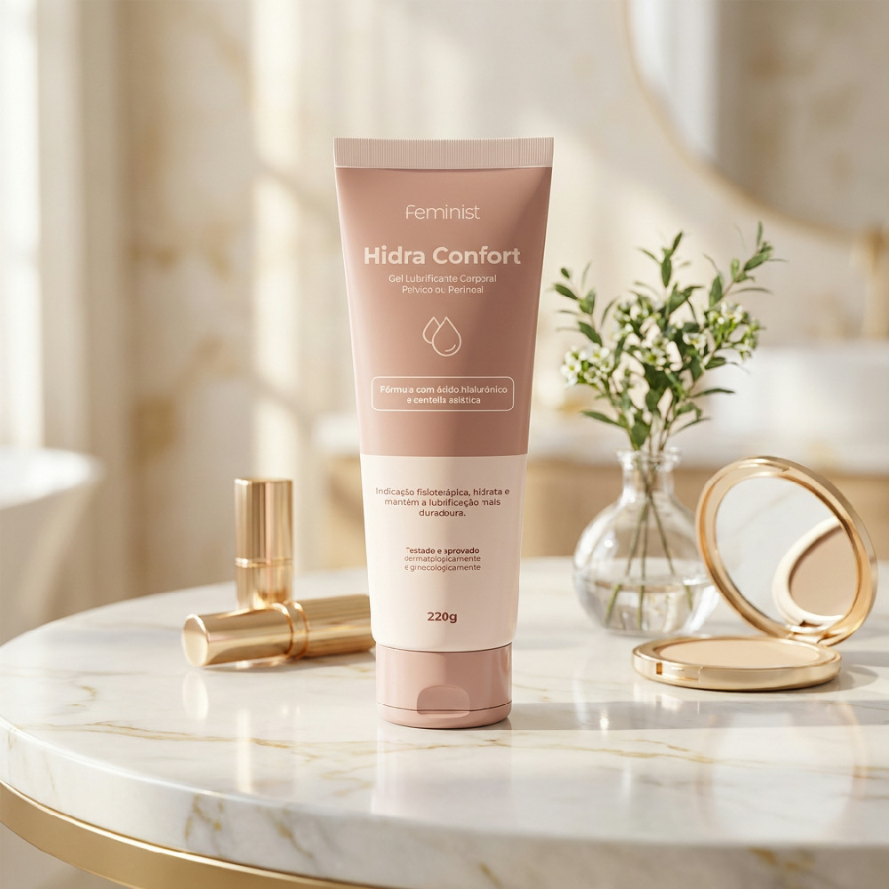 Gel Lubrificante �ntimo Hidra Confort 70g em um ambiente de banheiro chique, destacando a embalagem e o conceito de autocuidado.