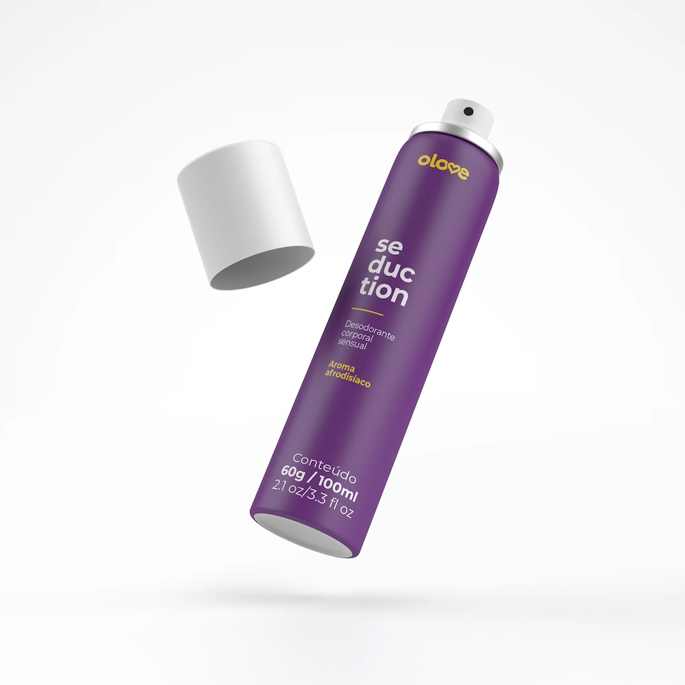 Desodorante �ntimo Olove Sedution Floral 60g com a tampa removida, mostrando o bico aplicador e o spray.