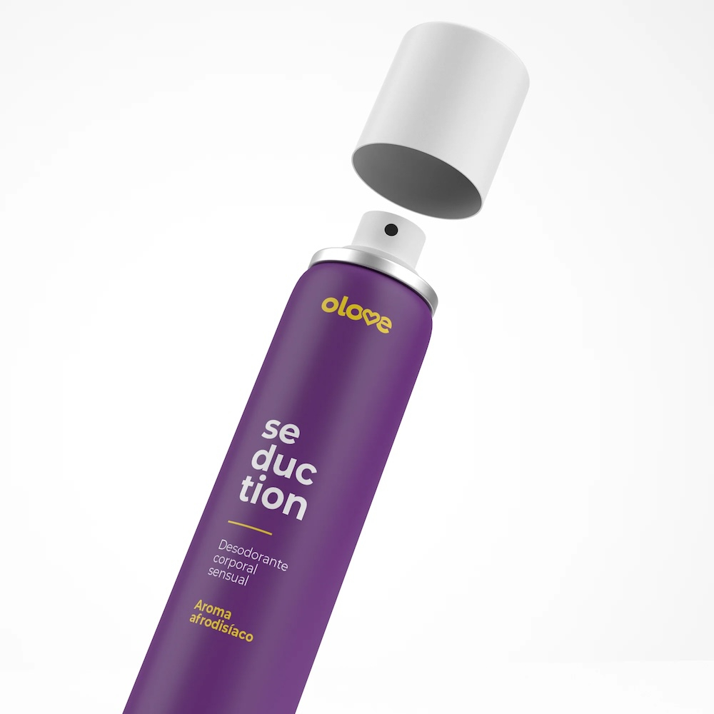 Desodorante �ntimo Olove Sedution Floral 60g com a tampa aberta, inclinado levemente, mostrando o bico aplicador.