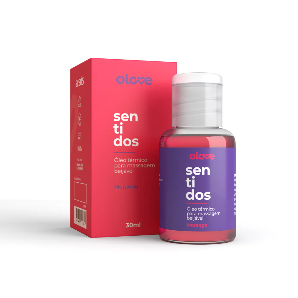 �leo para Massagem Sensual que Aquece Beij�vel Morango Sentidos 30ml e sua embalagem, prontos para uso