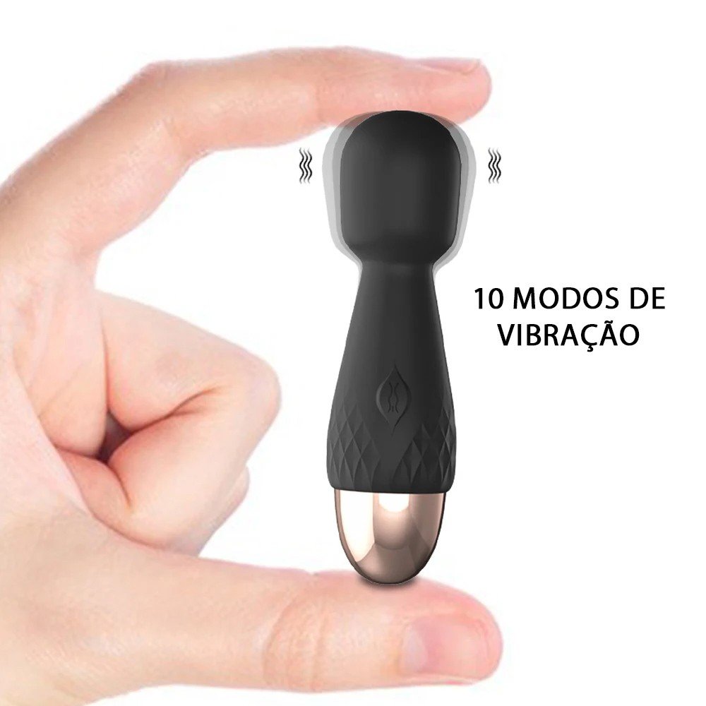 Massageador Er�tico Mini Recarreg�vel em Silicone com 10 Vibra��es Irene Preto - Imagem 2 de uso na m�o