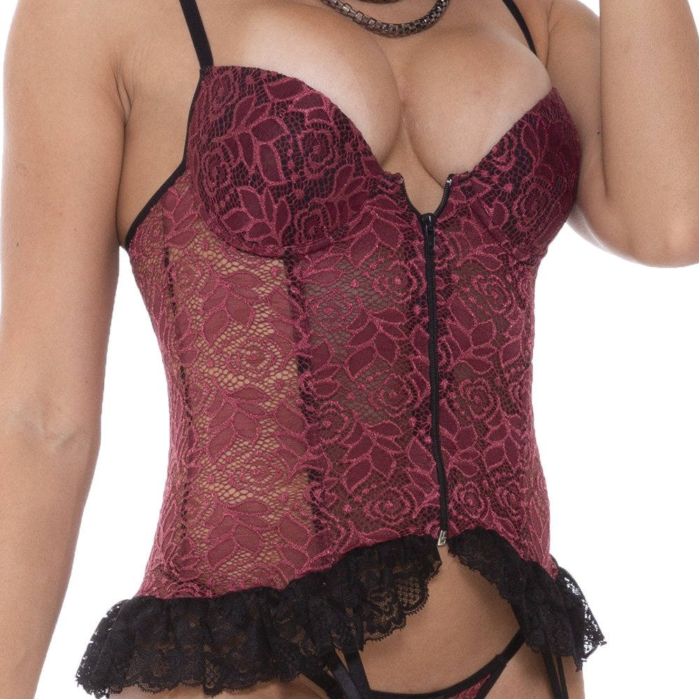 Espartilho Sensual Sexy com Aro, Bojo, Z�per e Calcinha String Simone Vinho | Detalhe aproximado da renda e z�per frontal