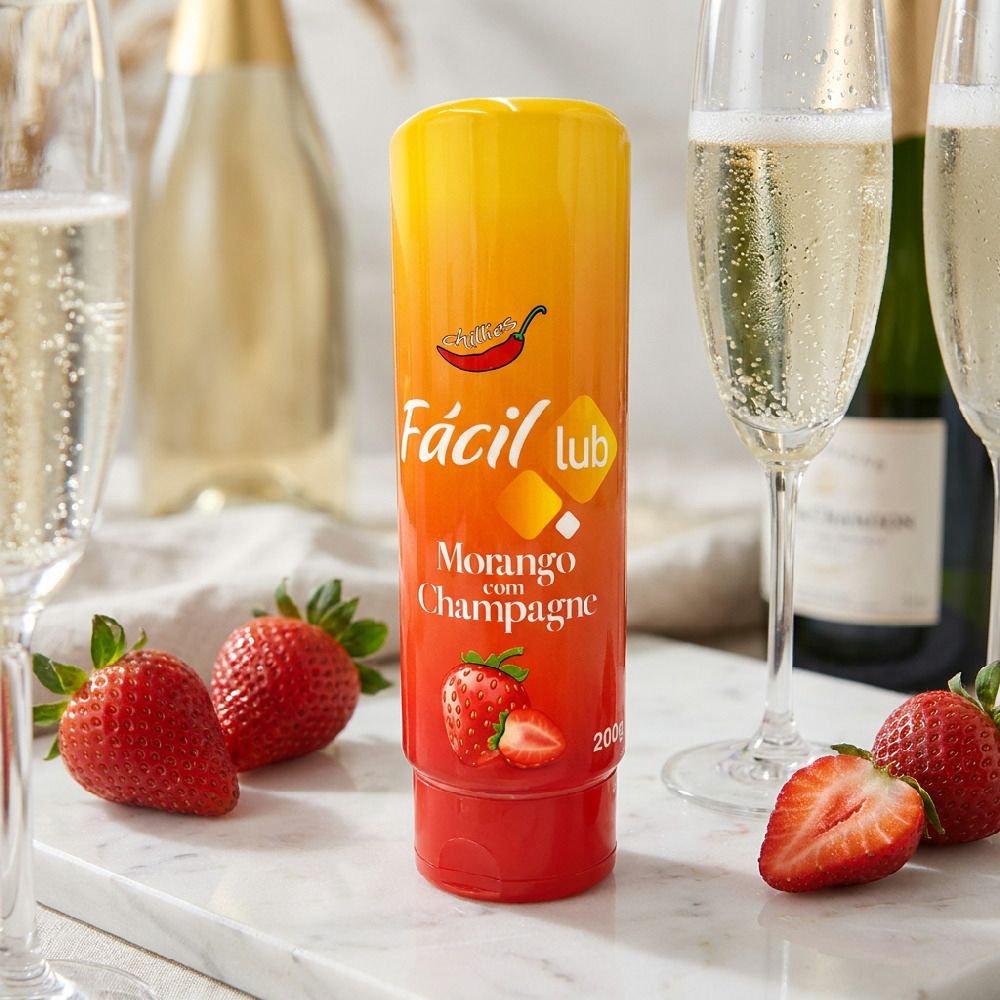 Lubrificante F�cil Lub Morango com Champagne 200g ao lado de ta�as e garrafa de champagne, e morangos frescos