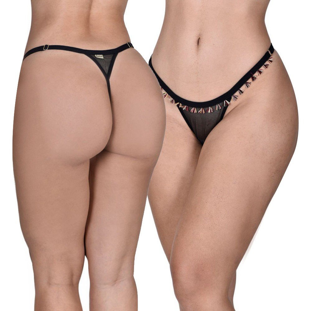 Calcinha String Fio Dental Sexy em Tule com Passamanaria Preto, vista traseira e frontal do modelo