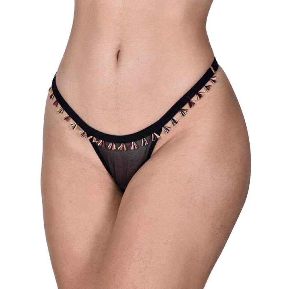 Calcinha String Fio Dental Sexy em Tule com Passamanaria Preto, em vista frontal mostrando a passamanaria