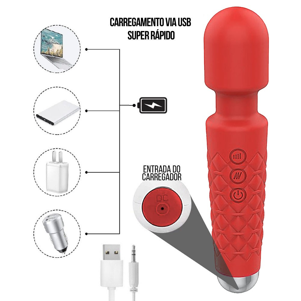 Massageador Er�tico em Silicone Recarreg�vel com 20 Vibra��es Vermelho | Foto 05