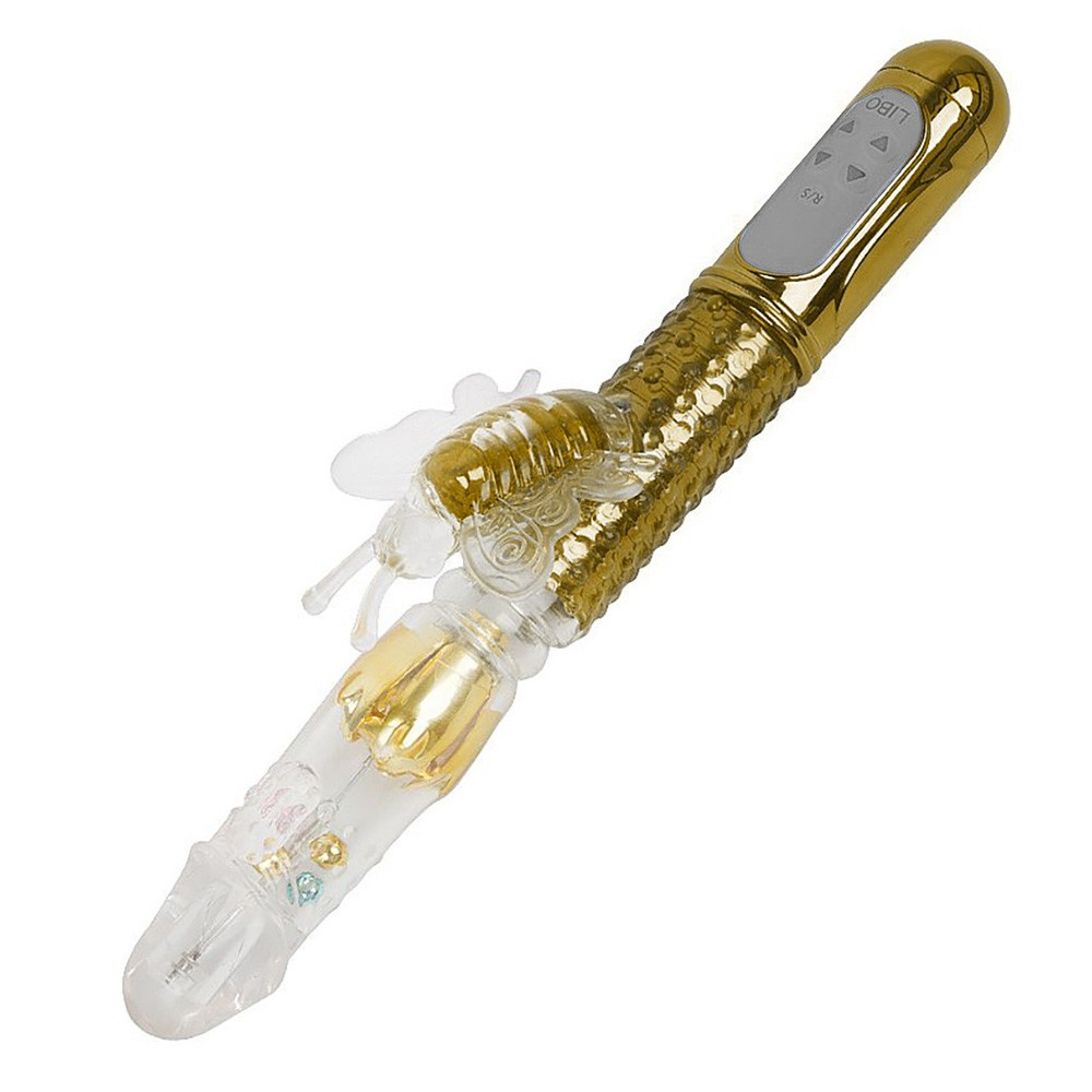 Vibrador Rabbit Dourado em posi��o diagonal, destacando seu design elegante e o estimulador de clit�ris com asas, com os bot�es de controle vis�veis.