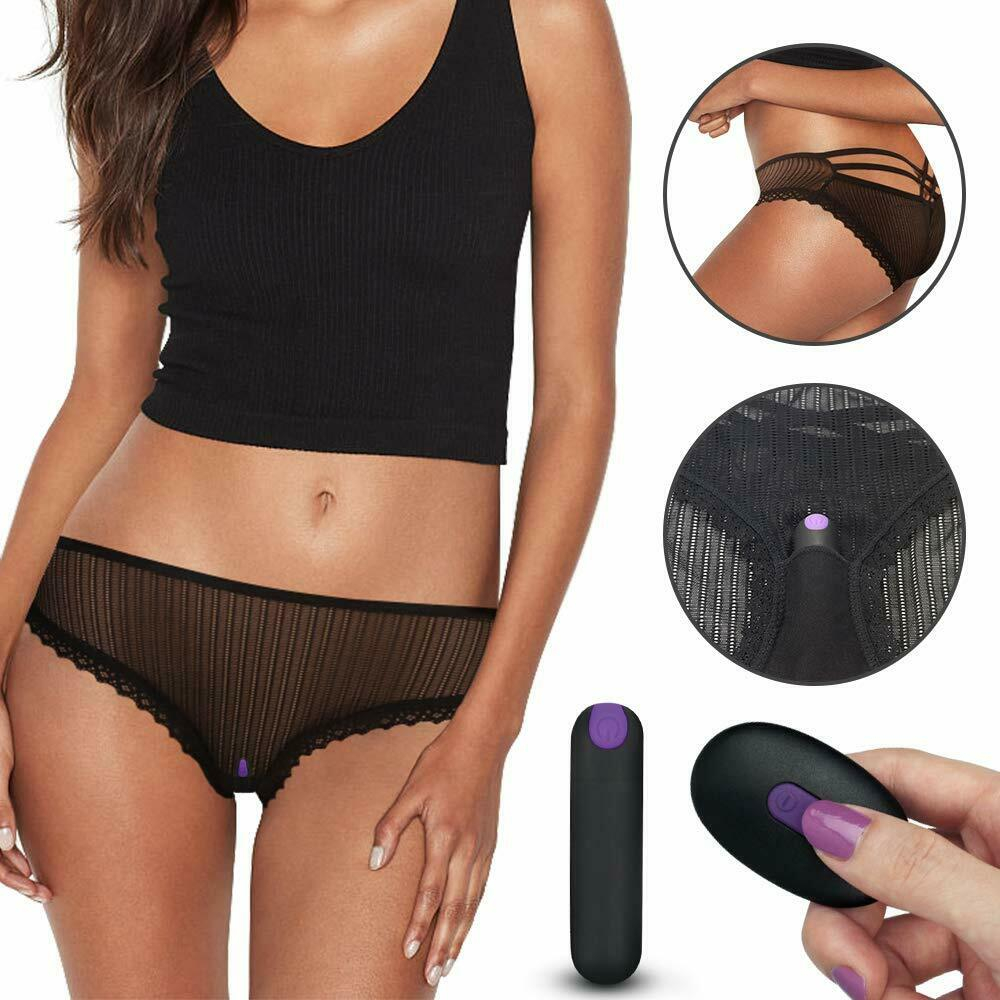 Calcinha com C�psula Vibrat�ria Recarreg�vel com Controle Sem Fio Preto, mostrando a calcinha sendo vestida, vibrador e controle sem fio.
