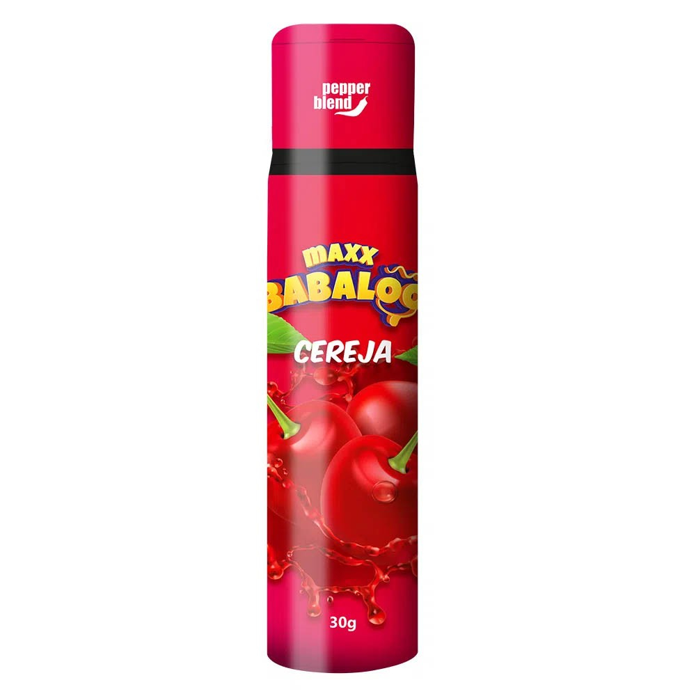 Gel para Sexo Oral Comest�vel Maxx Babaloo Cereja 30g - Frasco na cor vermelha com a marca Maxx Babaloo e imagens de cerejas