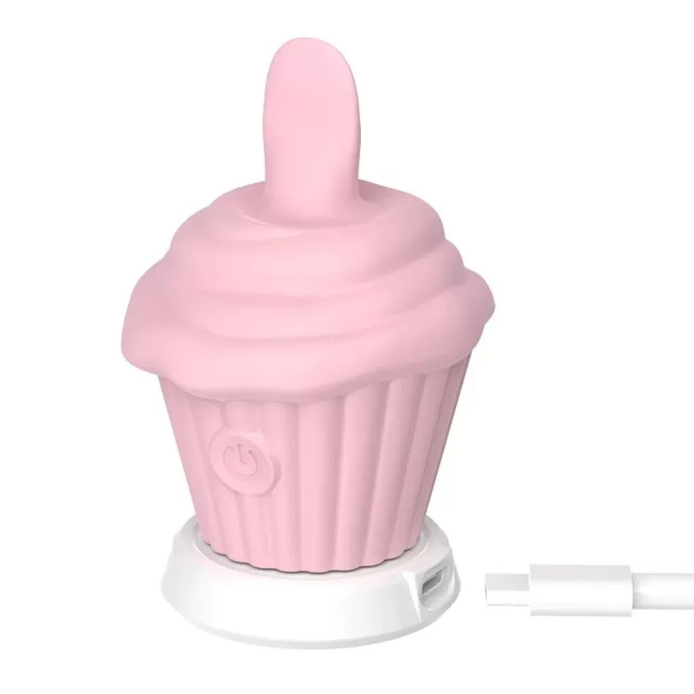 Vibrador Discreto Cup Cake Rosa, recarreg�vel com base e cabo USB ao lado