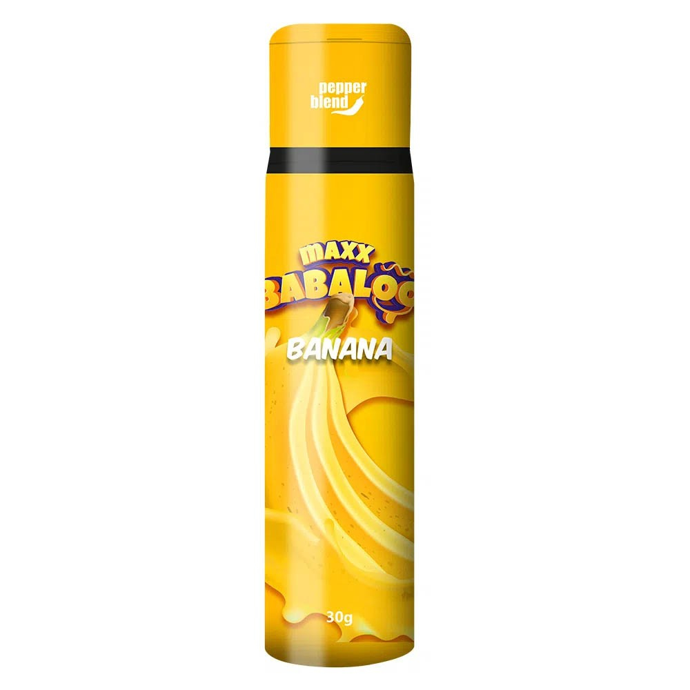 Gel para Sexo Oral Comest�vel Maxx Babaloo Banana 30g, embalagem amarela com detalhes de banana e logo
