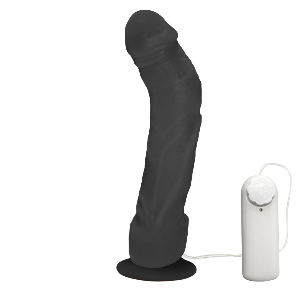 P�nis Gigante e Grosso Flex�vel com Vibrador, Escroto e Ventosa Mandingo 27 x 5,5cm Preto | Detalhe do PVC de toque macio e da textura do produto, exibindo a qualidade do material.