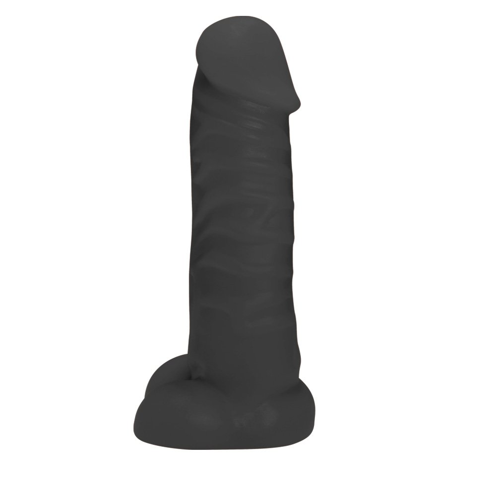P�nis Real�stico Feito em PVC Flex�vel com Escroto Fast 16 x 3,5cm Preto | Vista lateral do produto destacando a flexibilidade do PVC