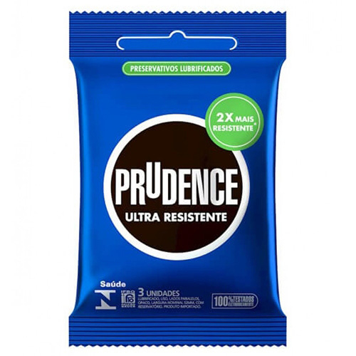 Preservativo Prudence Ultra Resistente 3 Unidades, embalagem azul com logo Prudence e indica��o de 2x mais resistente