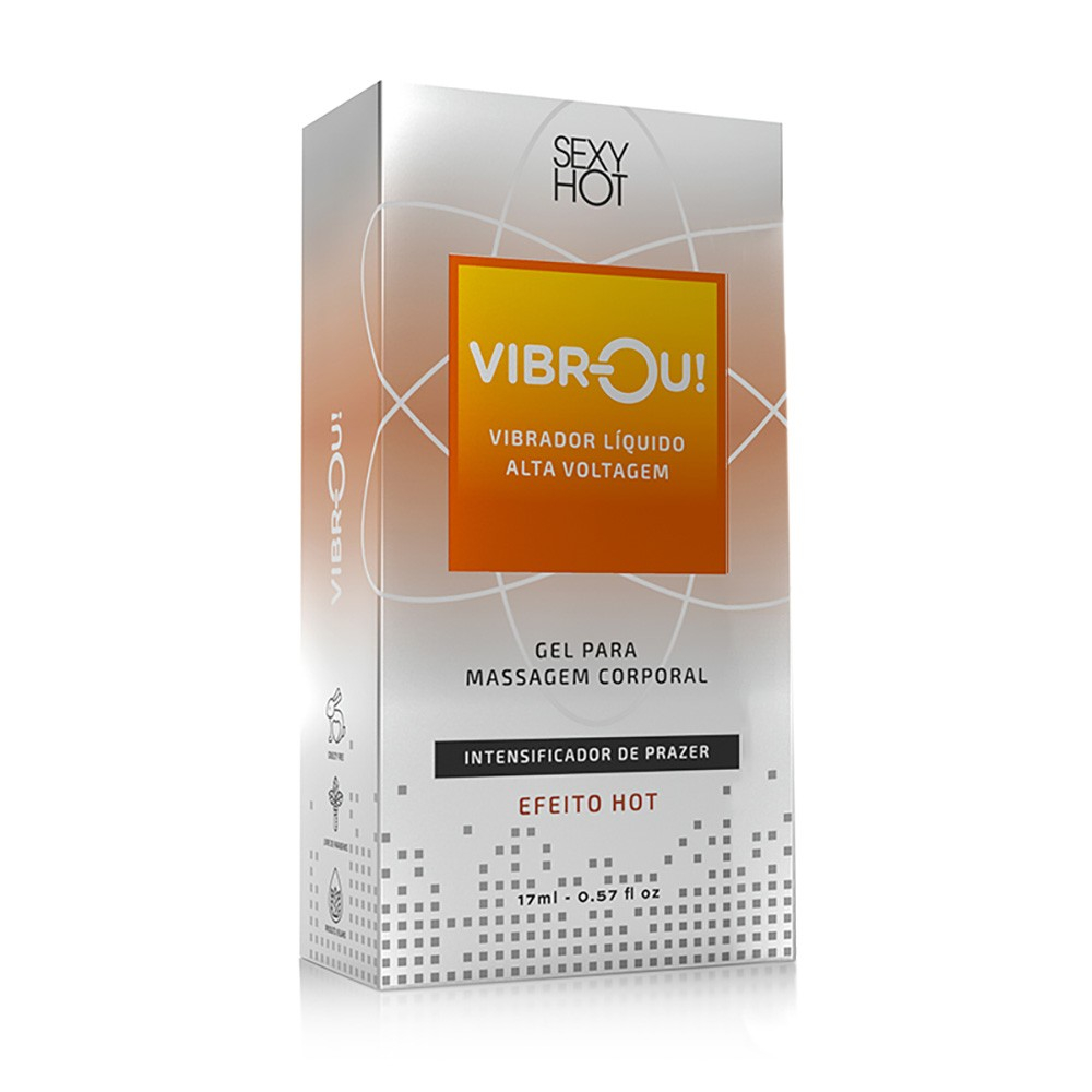 Caixa do Vibrador L�quido de Alta Voltagem Efeito Hot Vibrou! 17ml, exibindo informa��es e design da embalagem.