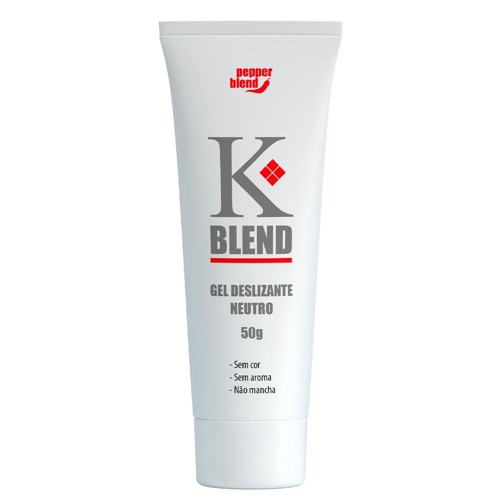 Lubrificante �ntimo K-Blend a Base de �gua 50g em destaque, com informa��es de ser sem cor, sem aroma e n�o manchar