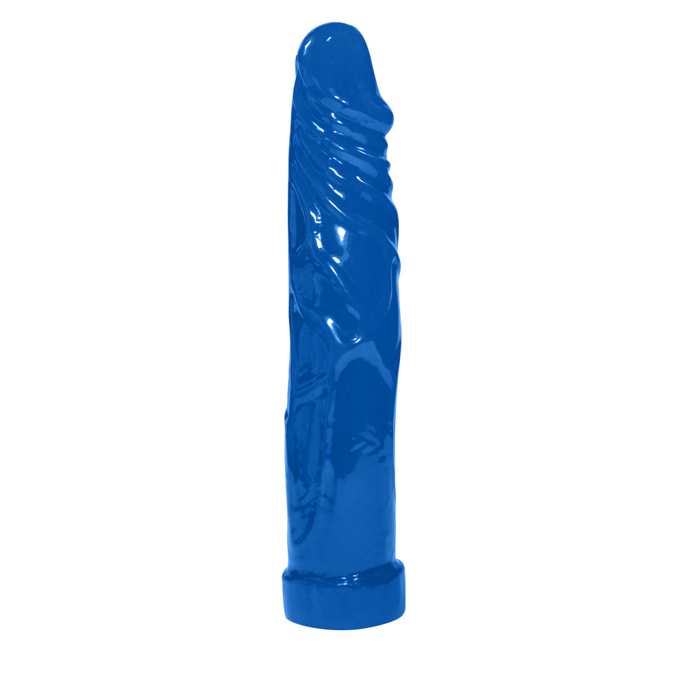 P�nis Real�stico Feito em PVC Flex�vel Tall em uma vista lateral exibindo a curvatura e a textura detalhada do p�nis, focando no material azul brilhante e sua base firme, ideal para acoplamento ou uso manual, ressaltando suas dimens�es e maleabilidade.