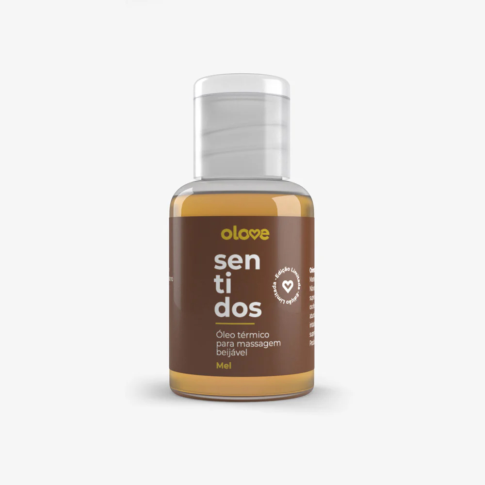 �leo para Massagem Sensual Olove Sentidos Sabor Mel em frasco transparente com r�tulo marrom, mostrando o l�quido dourado e a tampa branca
