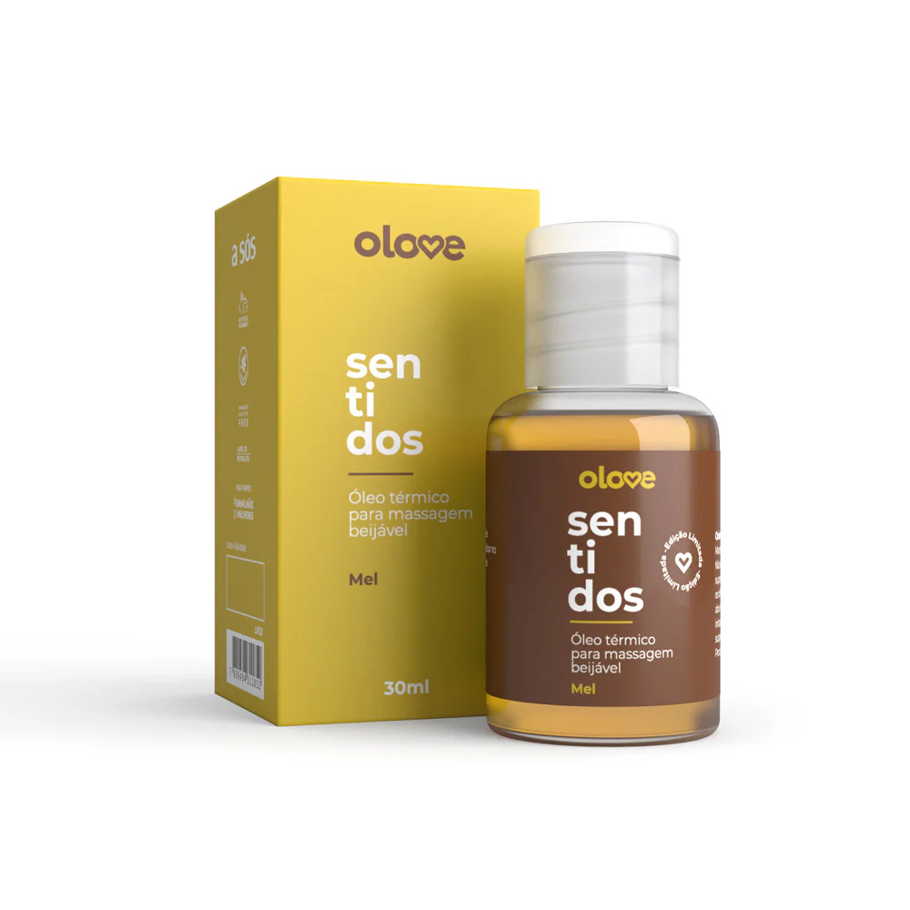 �leo para Massagem Sensual Olove Sentidos Sabor Mel, em conjunto com sua embalagem amarela, ambos sobre um fundo claro