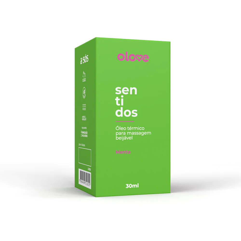 Caixa do �leo para Massagem Sensual que Esfria Beij�vel Aroma e Sabor Menta Olove Sentidos 30ml, destacando embalagem verde-clara e informa��es do produto.