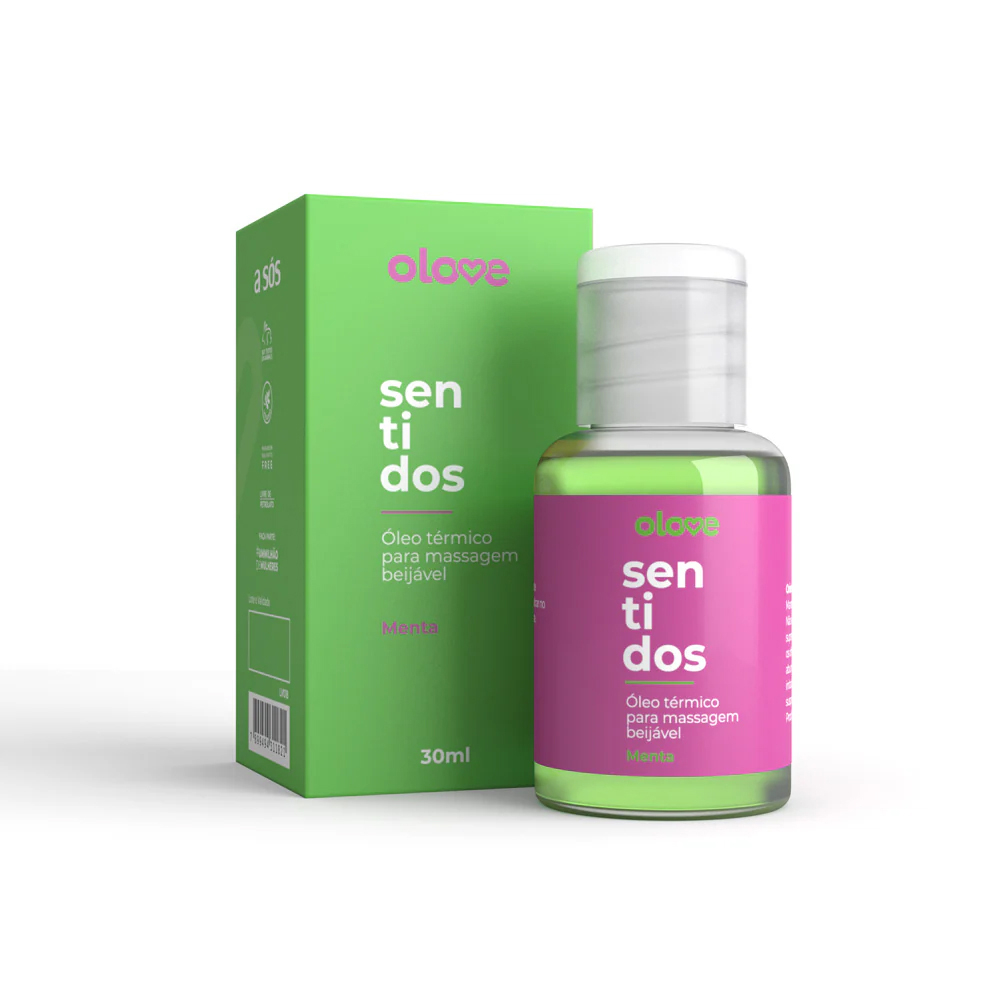 �leo para Massagem Sensual que Esfria Beij�vel Aroma e Sabor Menta Olove Sentidos 30ml em destaque com sua embalagem e frasco, mostrando cor e r�tulo.