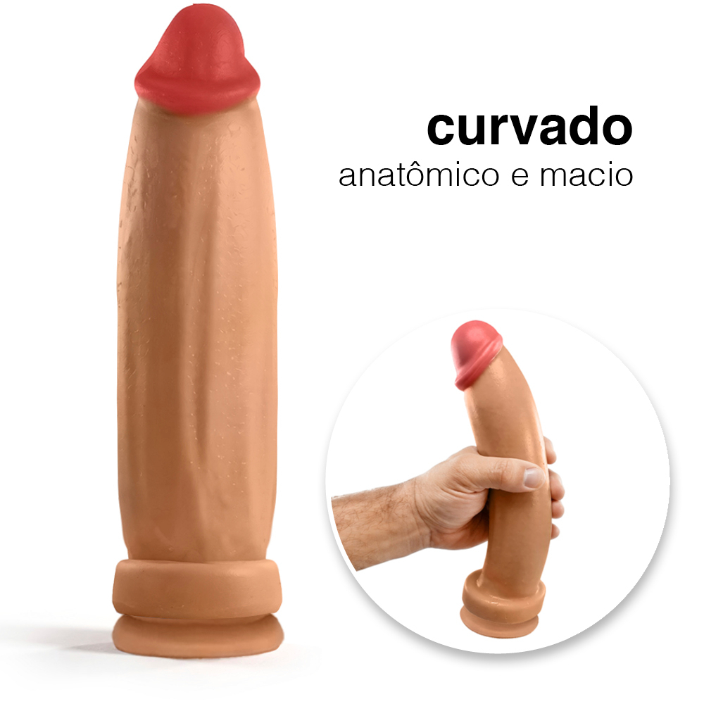 Dildo grande e grosso Bananinha com ventosa, em vista lateral, com destaque para a curvatura e material flex�vel