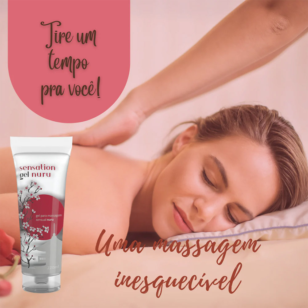 Gel para Massagem Sensual Nuru Sensation 220ml, com imagem de mulher recebendo massagem