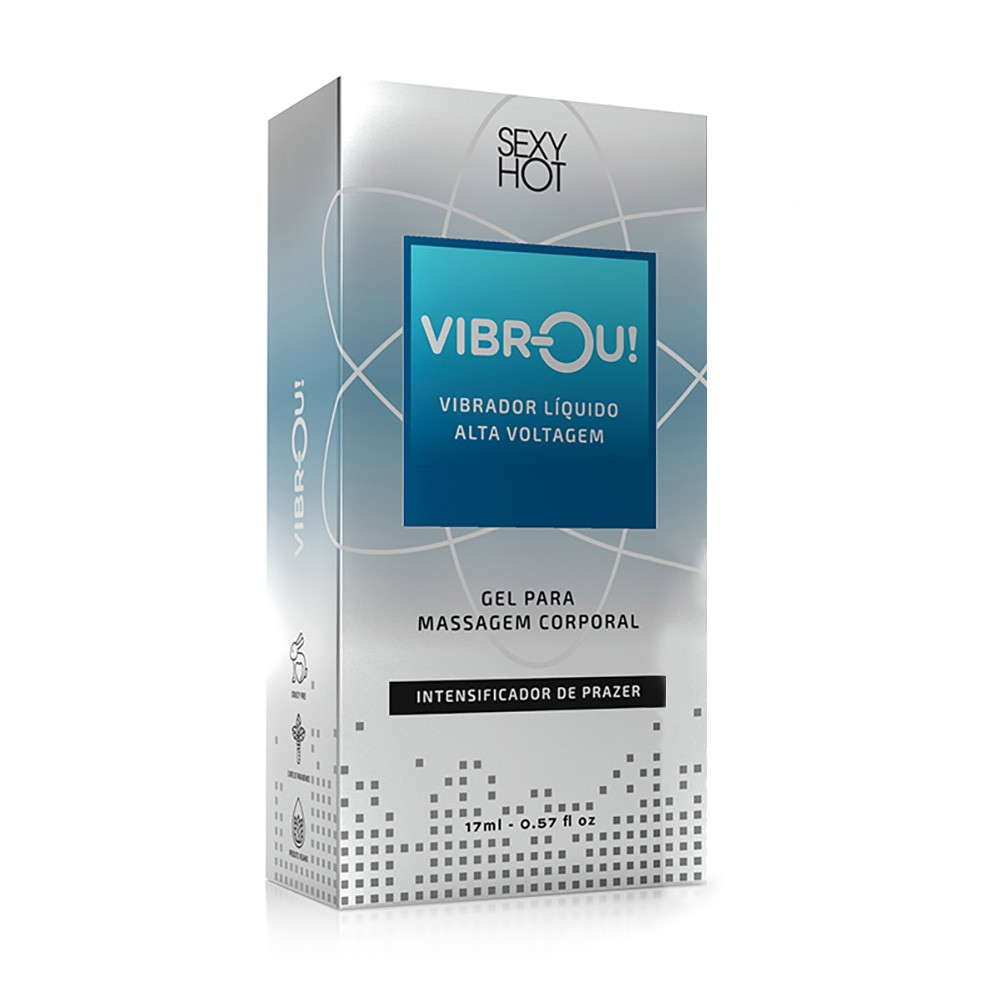 Caixa do Vibrador L�quido de Alta Voltagem Efeito Ice Vibrou! 17ml, com design prata e azul, destacando o logo Sexy Hot e a descri��o do produto