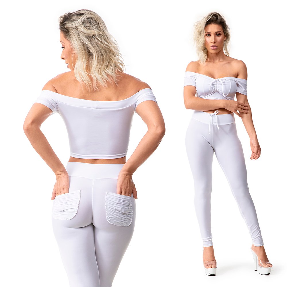 Conjunto Sensual Branco em Suplex Poli�ster com Cal�a Levanta Bumbum e Cropped - Vista Traseira