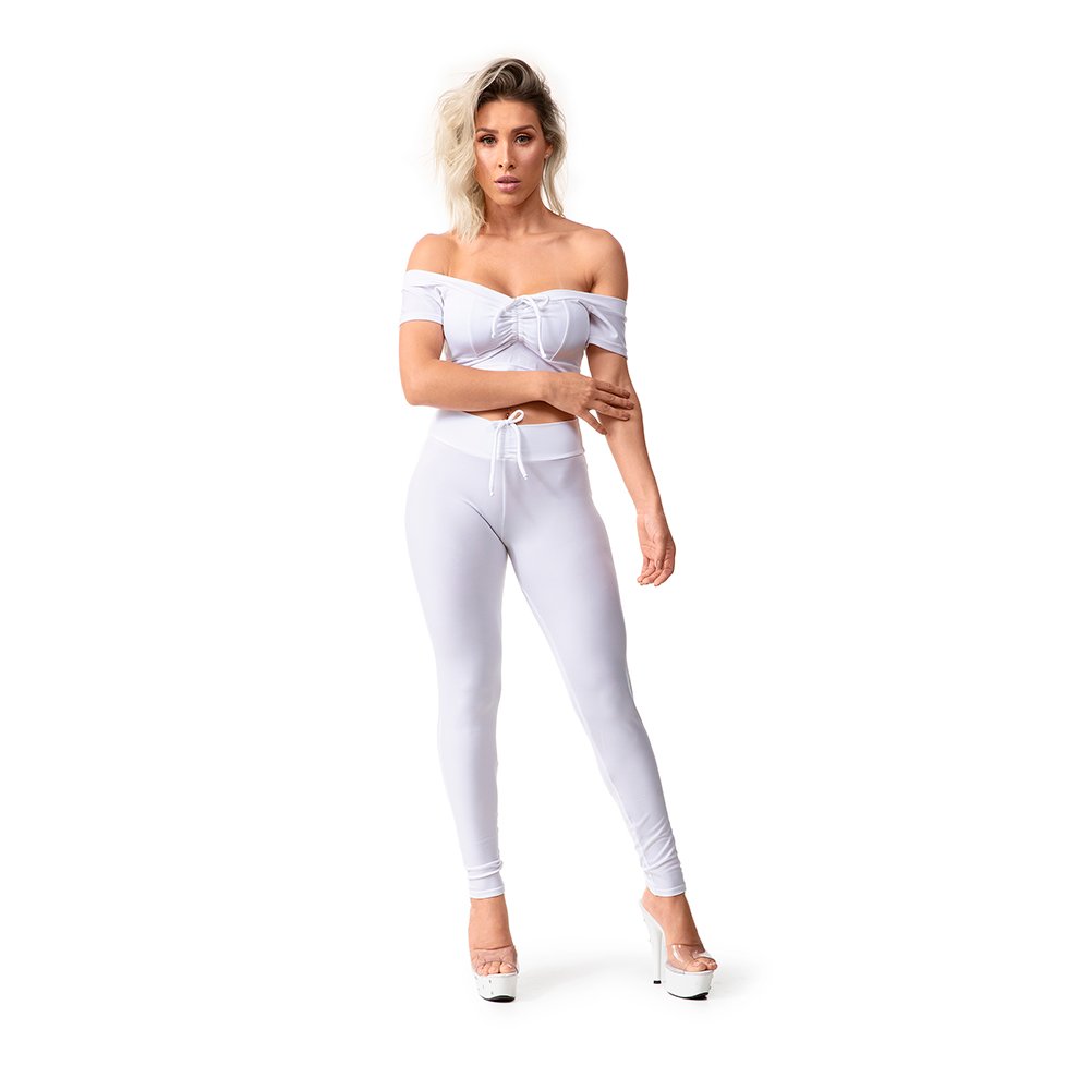 Conjunto Sensual Branco em Suplex Poli�ster com Cal�a Levanta Bumbum e Cropped - Vista Frontal Completa