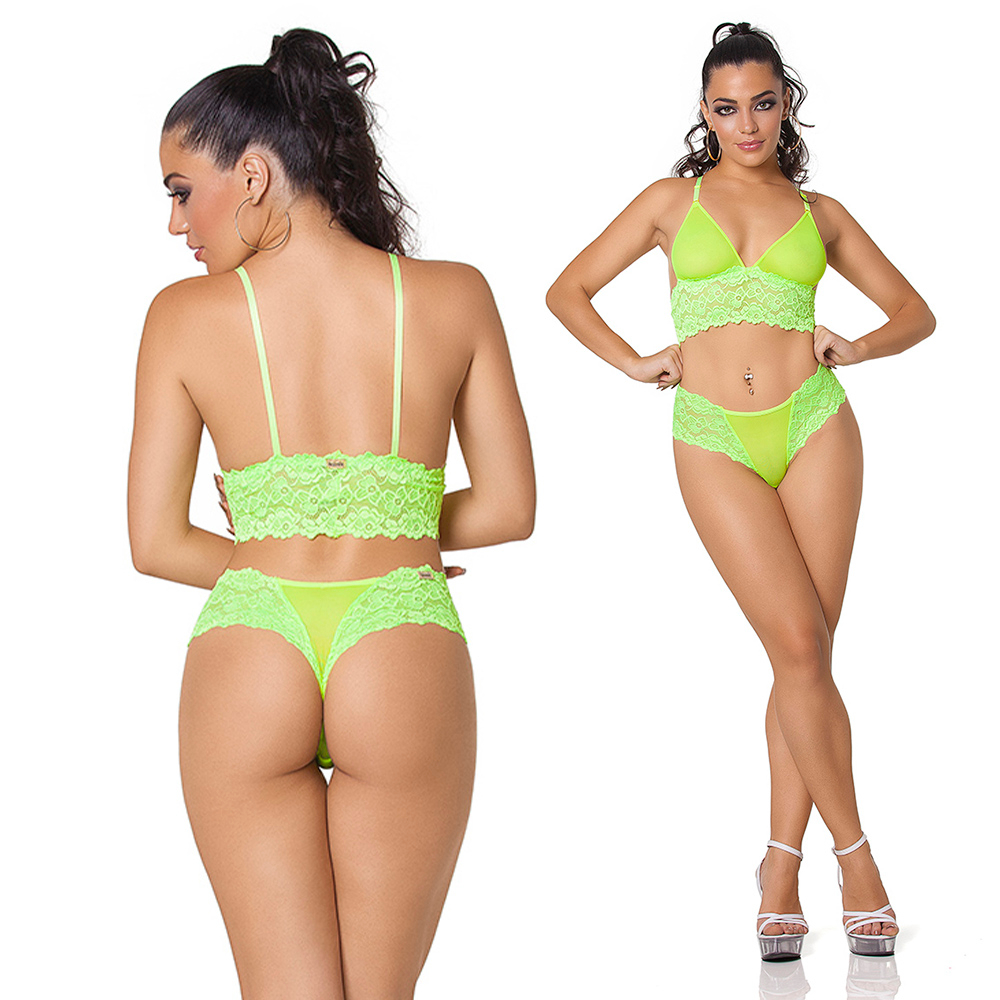 Conjunto Sensual Verde Neon com Tanga e Suti� sem Bojo de costas