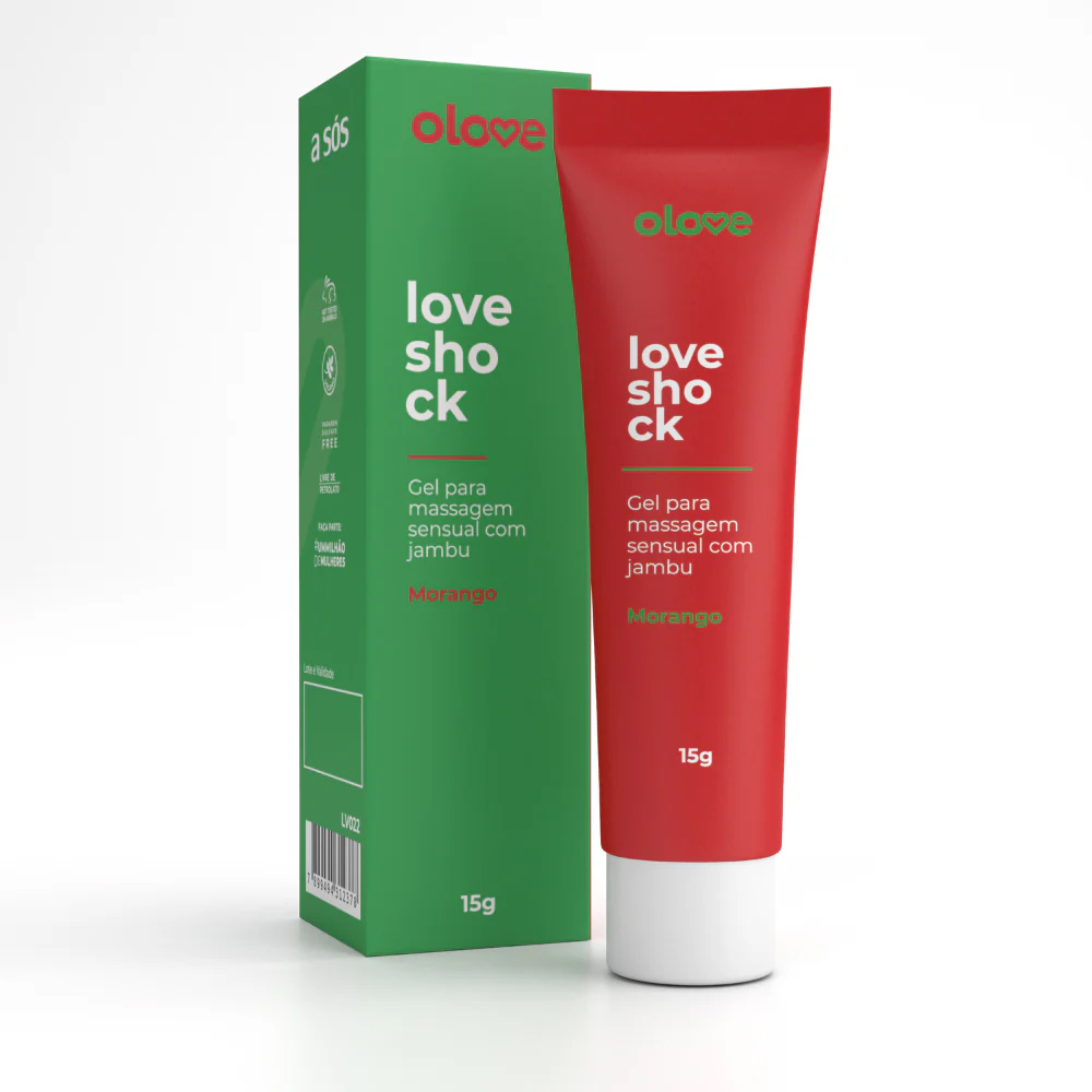 Vibrador L�quido Loveshock Beij�vel Morango Olove, embalagem e produto, ilustrando os detalhes do r�tulo