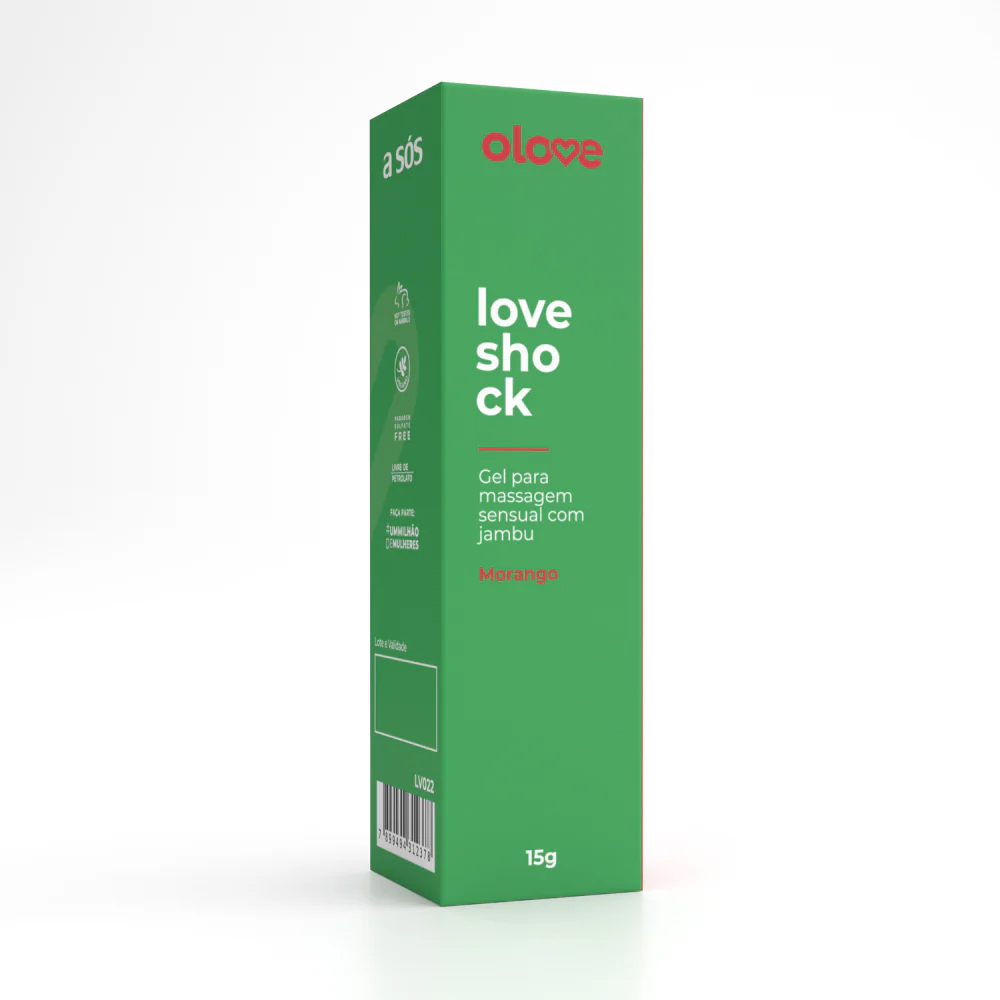 Vibrador L�quido Loveshock Beij�vel Morango Olove, detalhe do r�tulo da embalagem verde, com informa��es de ingredientes