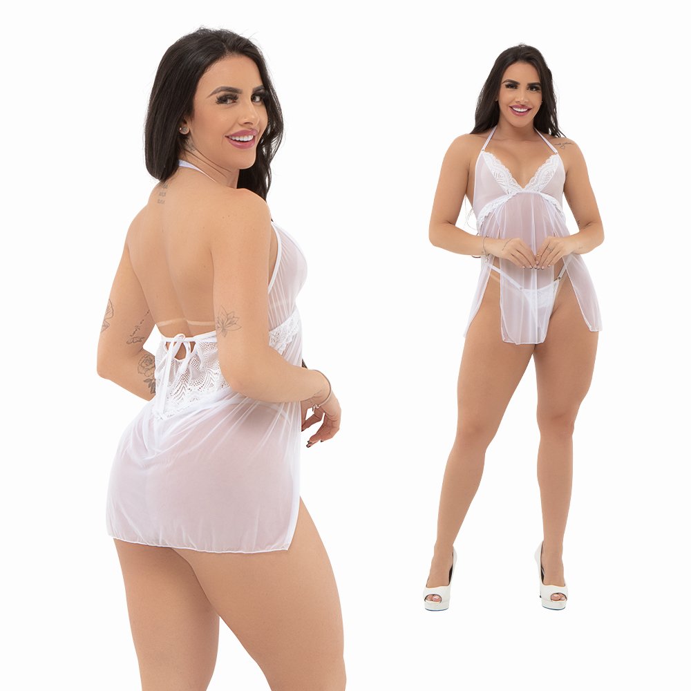 Camisola Sensual Sexy em Tule e Renda com Calcinha String Virg�nia Branca apresentando detalhe da parte de tr�s da pe�a