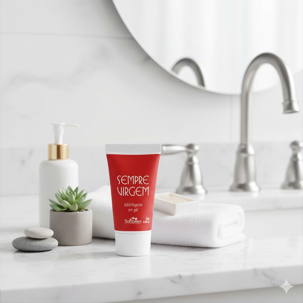 Gel Adstringente Sempre Virgem 25g, em cima da bancada de um banheiro, ao lado de uma planta e toalhas.