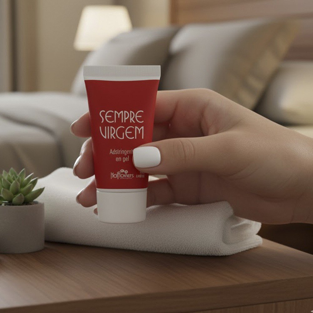 M�o de mulher segurando o Gel Adstringente Sempre Virgem 25g. Ao fundo, um quarto com cama e abajur.