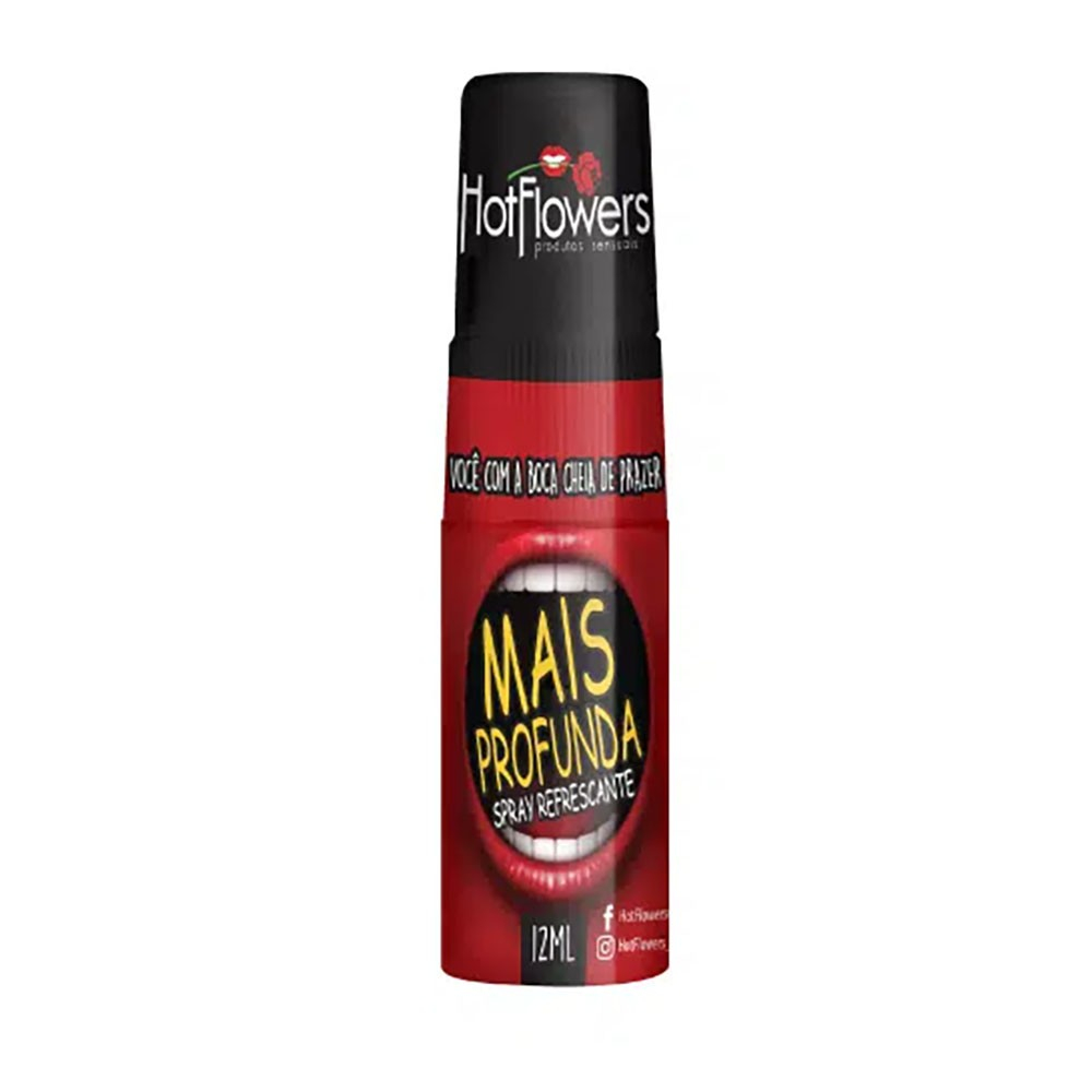 Gel para Sexo Oral Spray Bucal Refrescante Mais Profunda 12ml, Hot Flowers Cosm�tico, com embalagem vermelha e detalhes em preto, mostrando o nome do produto e aroma de menta