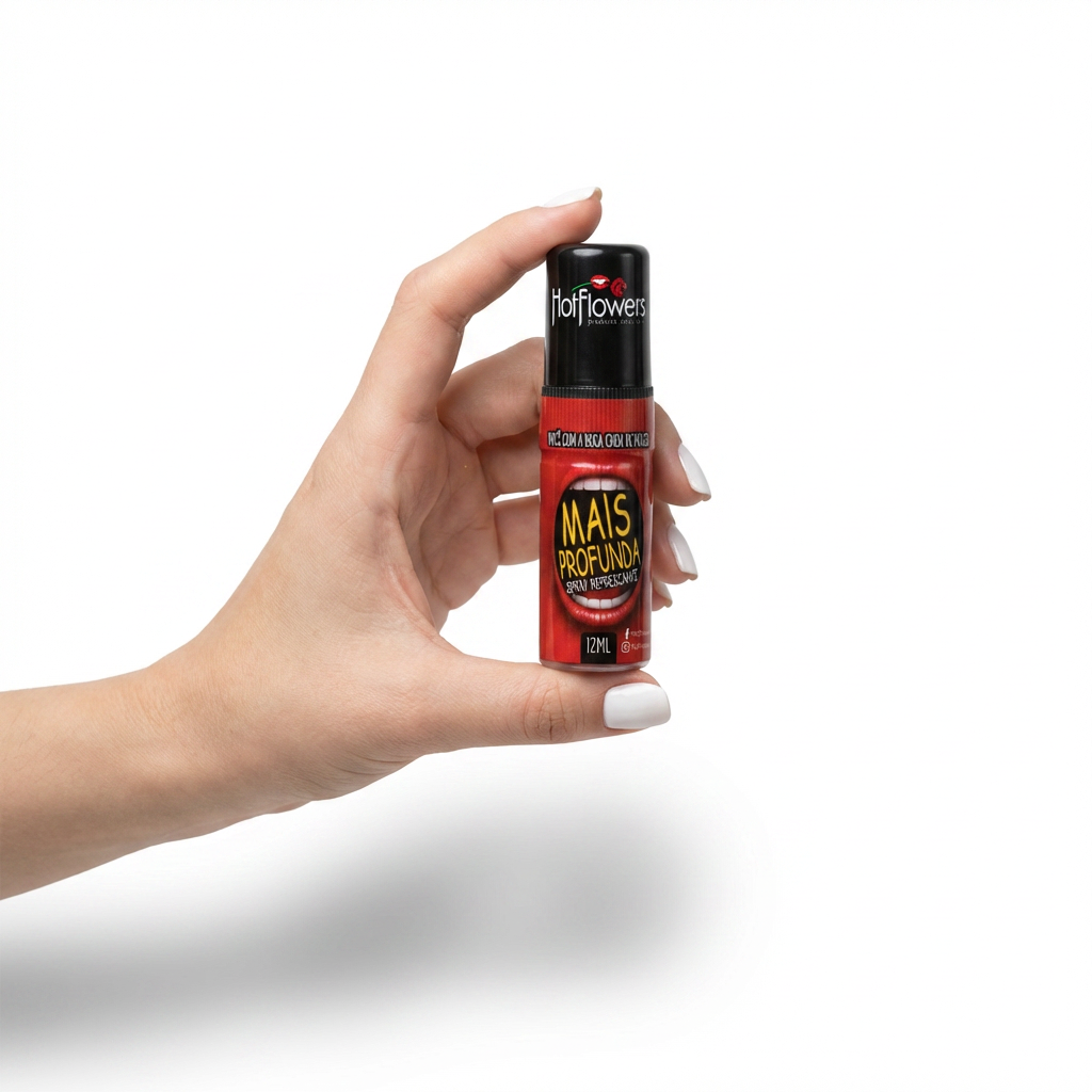 Gel para Sexo Oral Spray Bucal Refrescante Mais Profunda 12ml, Hot Flowers Cosm�tico, em m�os, mostrando o tamanho compacto do frasco