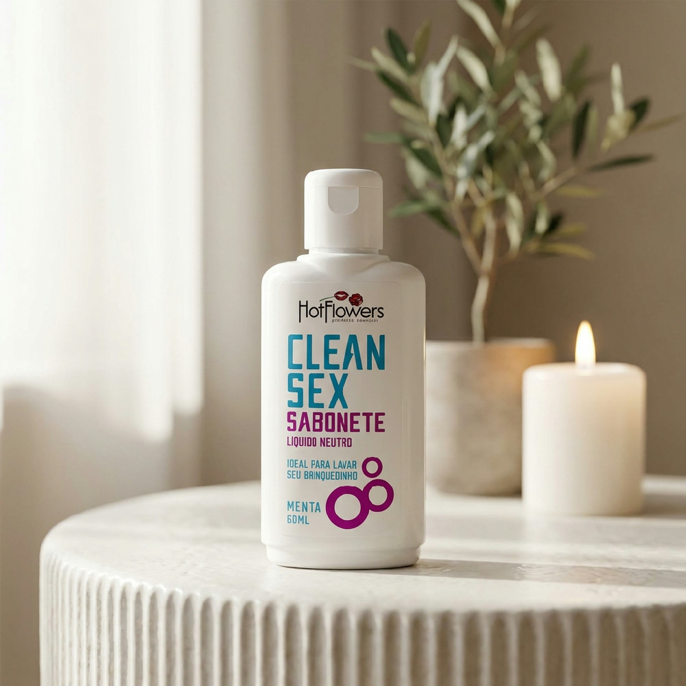 Higienizador de Brinquedos Sabonete L�quido Clean Sex Menta 60ml em ambiente aconchegante, mostrando o frasco em detalhe