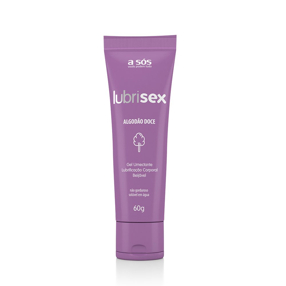 Lubrificante Beij�vel Lubrisex Algod�o Doce 60g. Bisnaga roxa com tampa, embalagem retangular em tom pastel, identifica��o clara, detalhes de gel escorrendo com leve transpar�ncia. Foto em fundo branco. Produto pronto para uso.