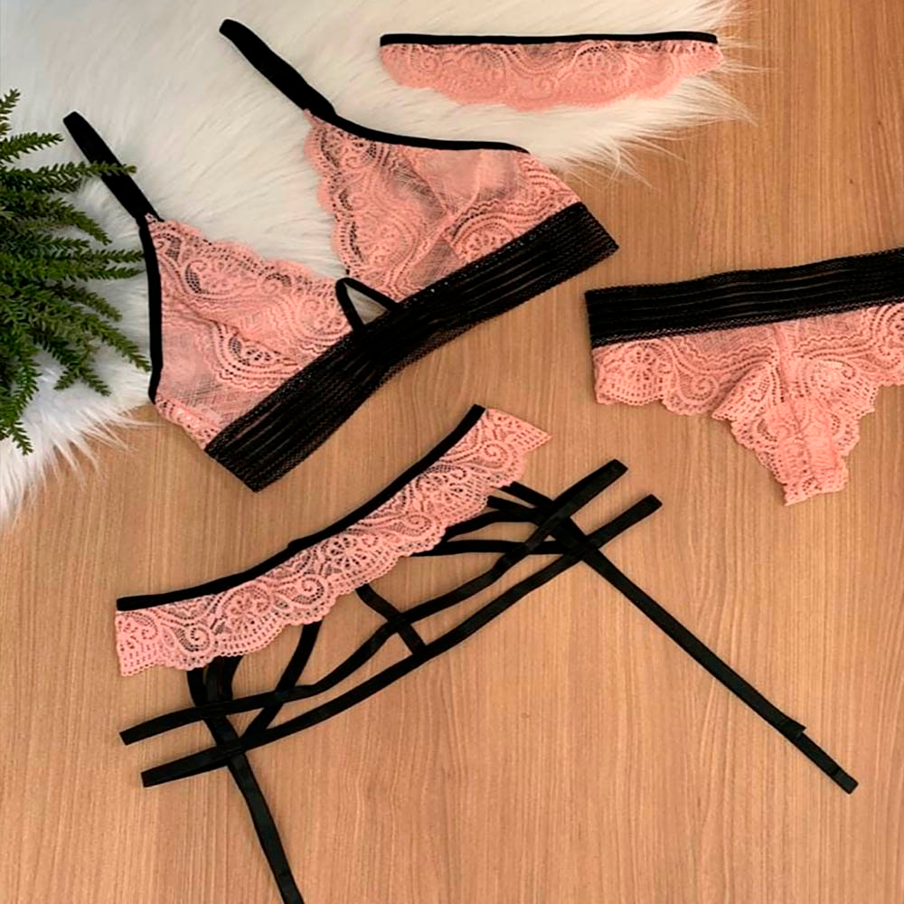 Conjunto Sensual Sexy em Renda Transparente sem Bojo com Cinta Liga e Venda Luana Rosa | Foto 03