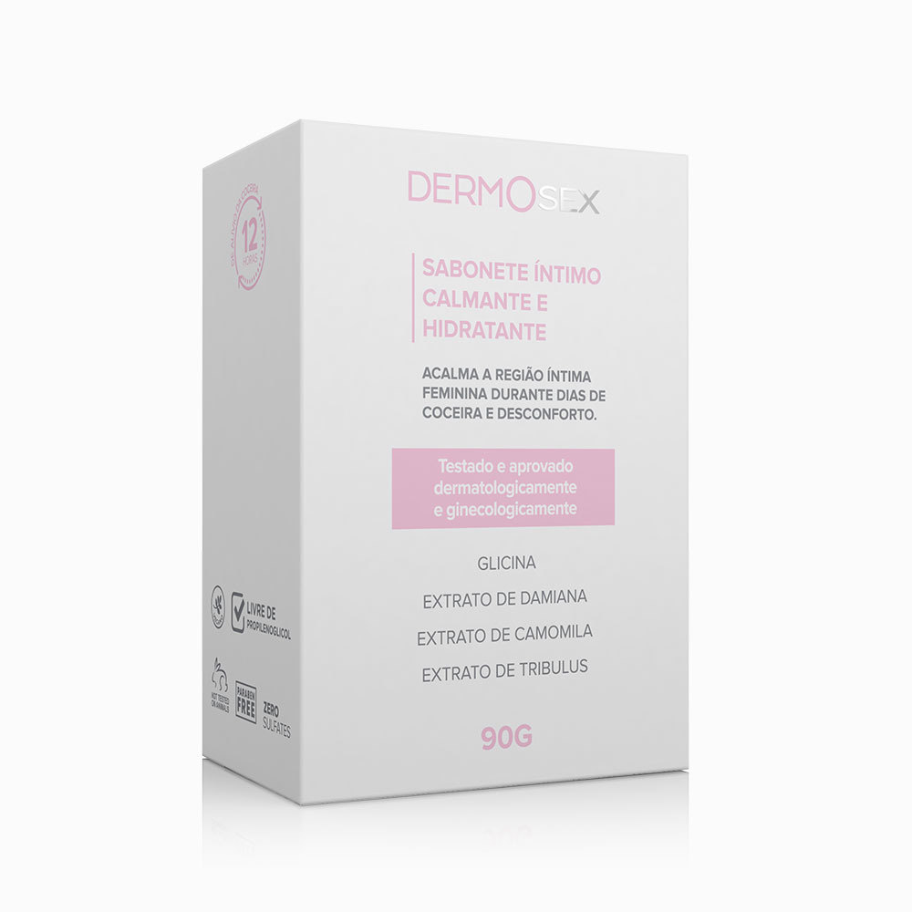 Embalagem do Sabonete �ntimo em Barra Calmante e Hidratante Dermosex 90g, destacando ingredientes como Glicina, Extrato de Damiana, Camomila e Tribulus
