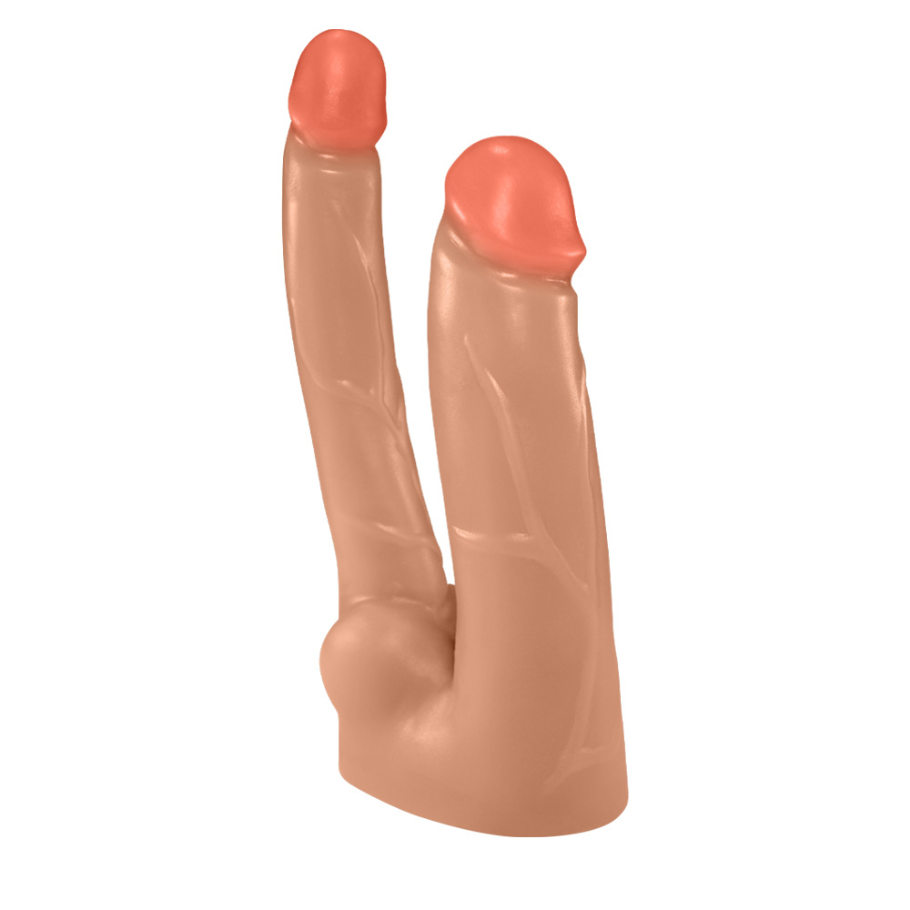 P�nis Duplo com Veias 12 x 3,5 cm e 13,7 x 2,5cm Bege | Foto 03: Vista lateral que real�a a curvatura e o design dos dois p�nis.