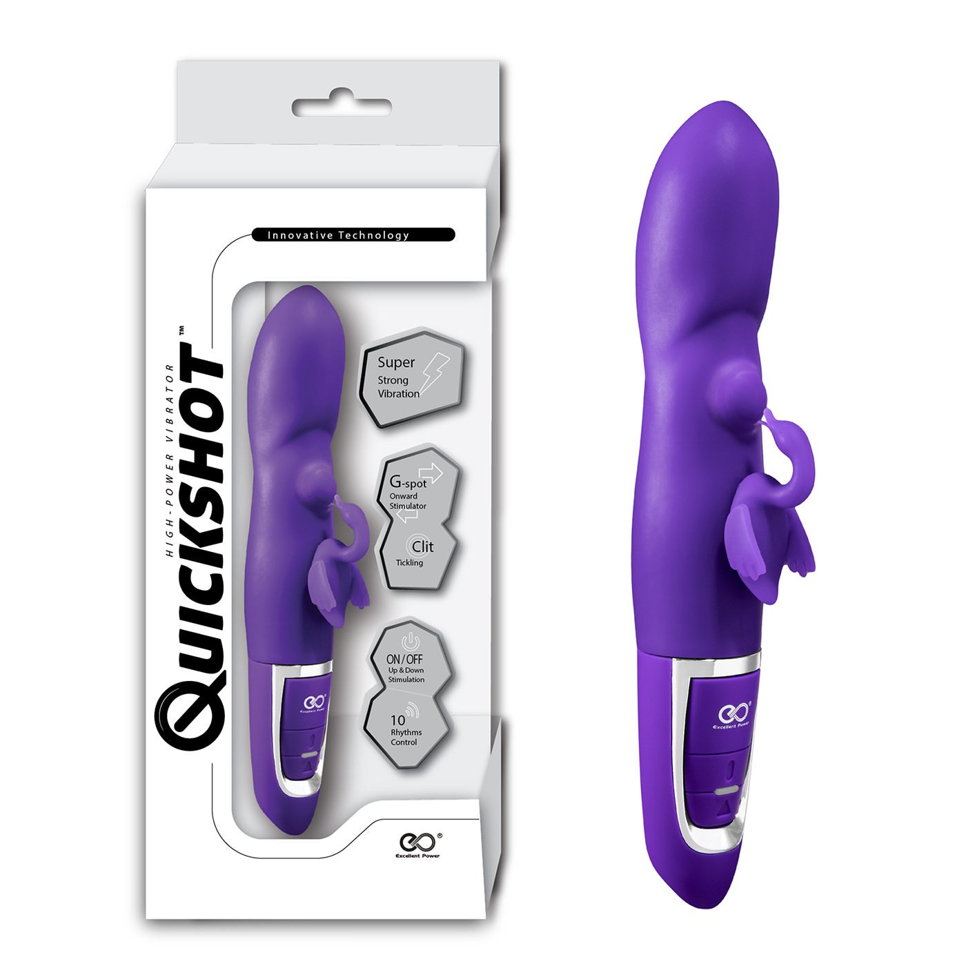 Vibrador Feminino Cisne Roxo e sua embalagem, destacando 10 vibra��es e � prova d'�gua