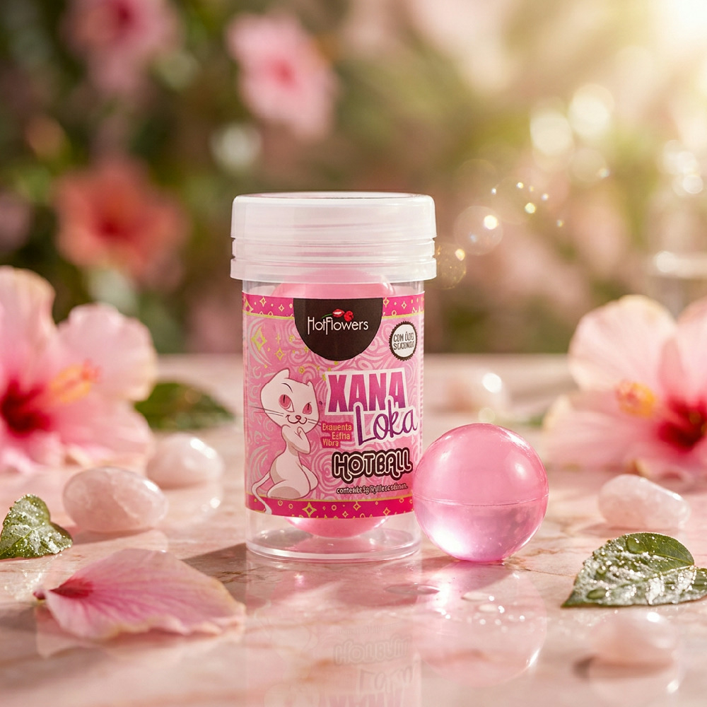 Bolinha de �leo Corporal com �leo Siliconado Esquenta, Esfria e Vibra Xana Loka 3ml em um cen�rio rom�ntico e delicado com flores cor-de-rosa e pedras semipreciosas